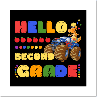 Hello Second Grade, Funny Dinosaur Monster Truck Back School Posters and Art